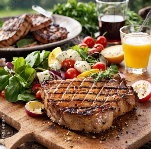 A detailed close-up of thick pork chops, perfectly grilled with crispy edges and juicy centers. photo