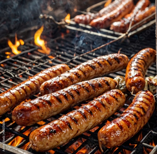 A close-up of various grilled sausages, with crispy casings and juicy interiors, served with grilled onions. photo