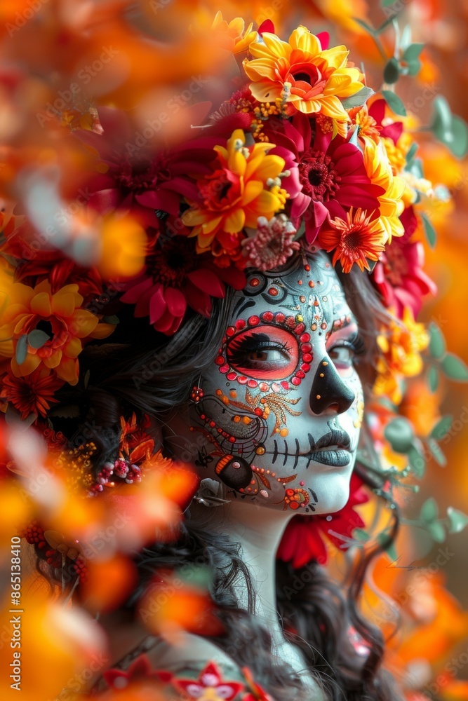 Dia De Los Muertos, La Catrina Makeup Portrait: A close-up of a woman with intricate Catrina makeup, adorned with vibrant flowers in her hair and traditional Mexican attire. Dia De Los Muertos, La Catrina Makeup Portrait: A close-up of a woman with intricate Catrina makeup, adorned with vibrant flowers in her hair and traditional Mexican attire.