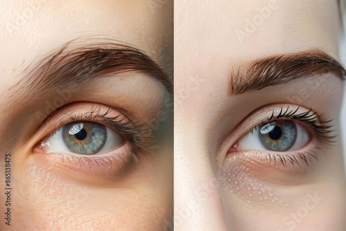 A person undergoing an eyebrow tattoo procedure with a before and after comparison showing the transformation from sparse to perfectly shaped and filled eyebrows