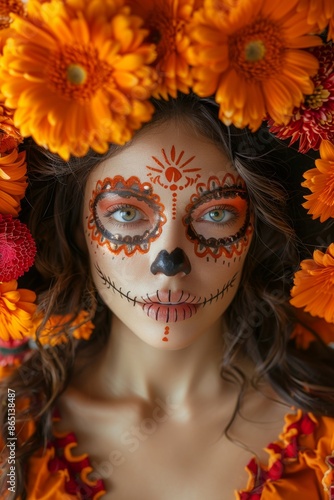 Dia De Los Muertos, La Catrina Makeup Portrait: A close-up of a woman with intricate Catrina makeup, adorned with vibrant flowers in her hair and traditional Mexican attire.