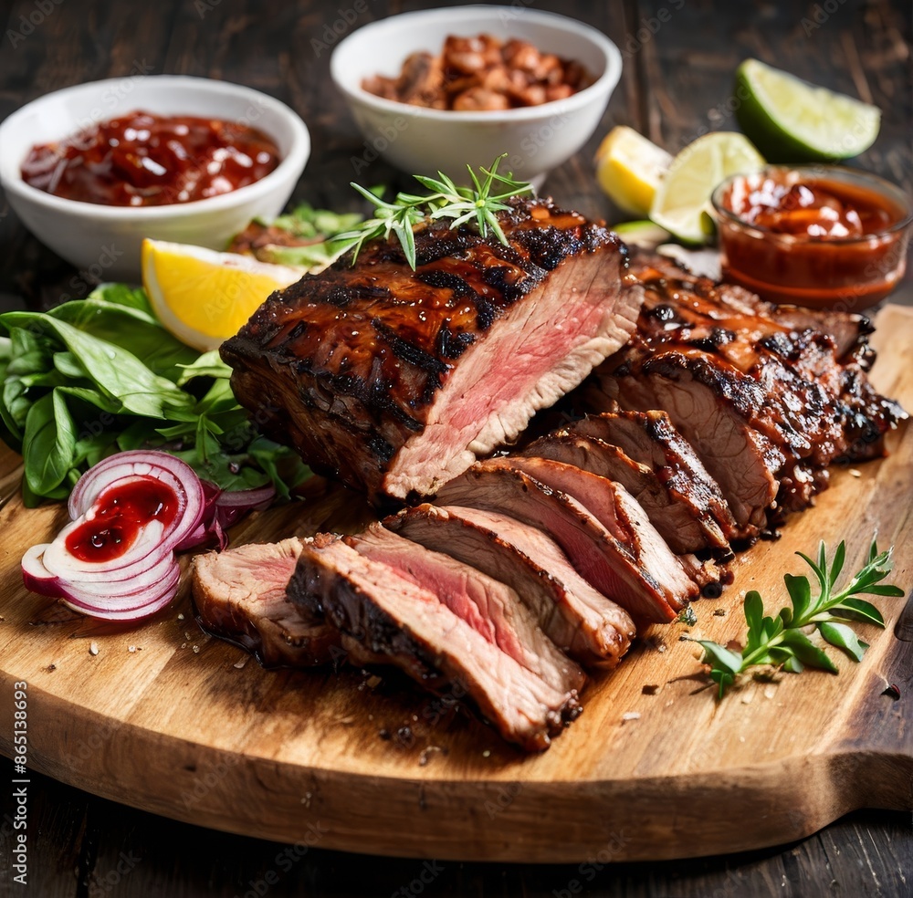 A close-up of tender BBQ short ribs, glistening with a sticky glaze and charred edges. A close-up of tender BBQ short ribs, glistening with a sticky glaze and charred edges.