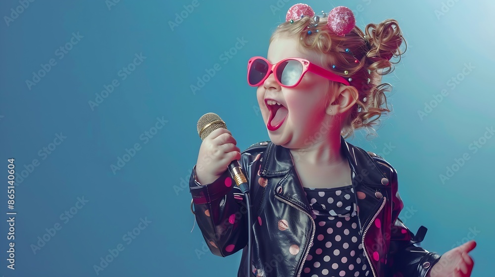 A little fashionista girl in a smart dress with polka dots in a leather jacket and with curlers on her head is going to a party and singing into a microphone Childrens Fashion Pinup st : Generative AI A little fashionista girl in a smart dress with polka dots in a leather jacket and with curlers on her head is going to a party and singing into a microphone Childrens Fashion Pinup st : Generative AI