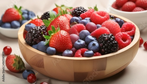 A close-up of a colorful assortment of ripe berries in a rustic wooden bowl, highlighting antioxidant-rich foods.