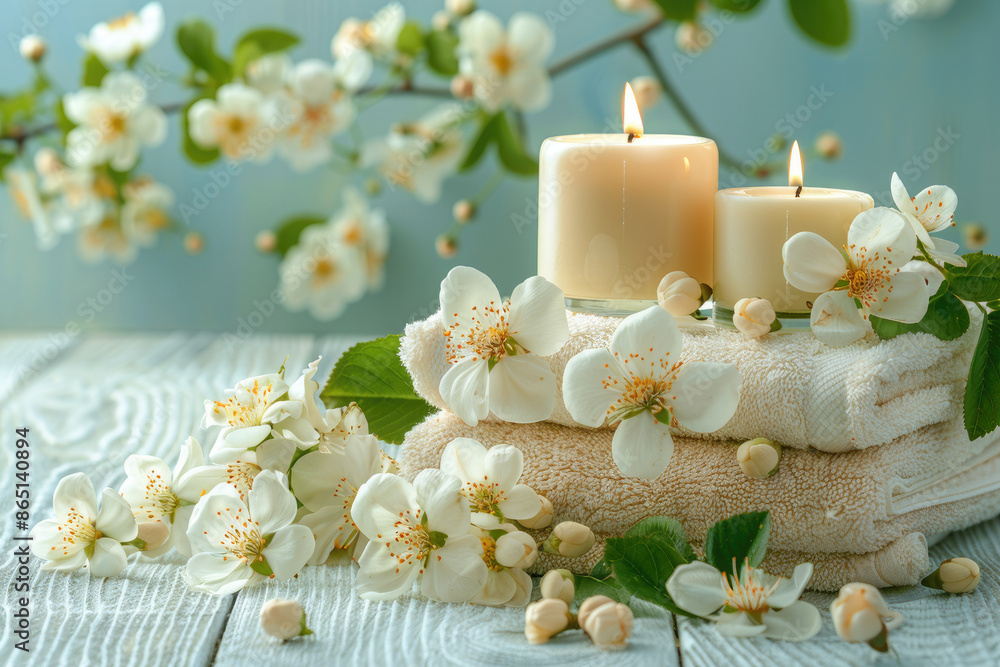 Two lighted candles and white flowers on a soft towel. Two lighted candles and white flowers on a soft towel.