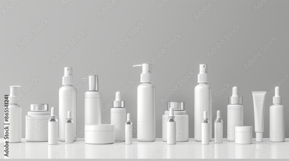 Pure Elegance Symmetric Array of Luxurious Matte White Skincare Bottles on Glossy Table Pure Elegance Symmetric Array of Luxurious Matte White Skincare Bottles on Glossy Table