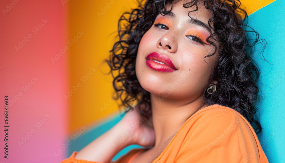 Fototapeta premium Woman with curly hair and red lipstick in front of a colorful wall, displaying style and beauty