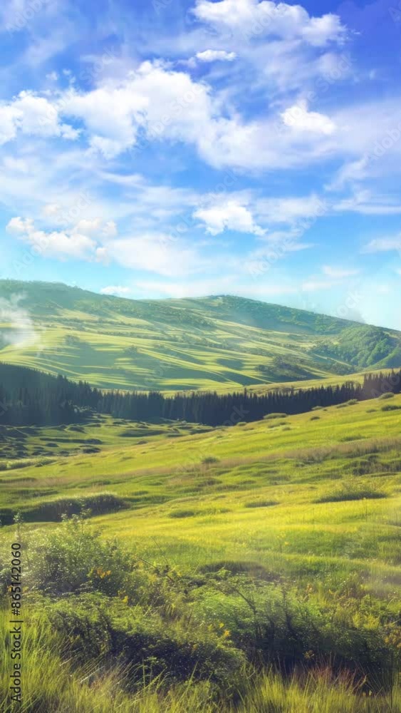 beautiful spring view in the mountains. grassy fields and rolling hills, anime style beautiful spring view in the mountains. grassy fields and rolling hills, anime style