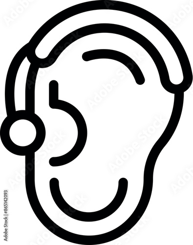 Outline style icon representing an ear wearing a hearing aid, a device designed to improve hearing for people with hearing loss
