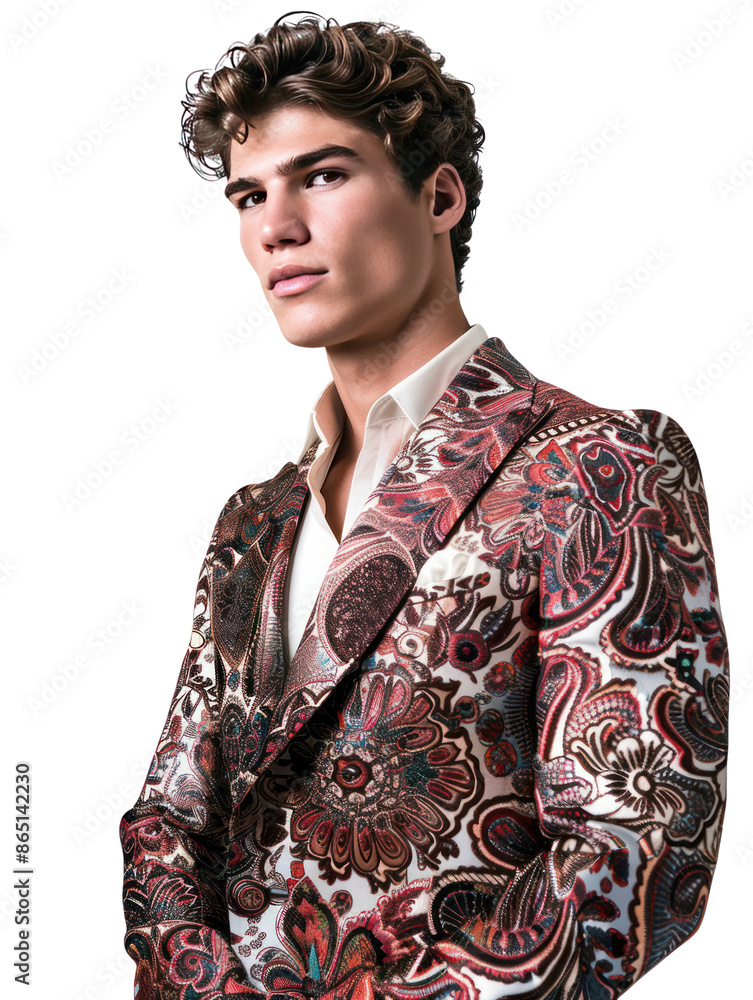 Young man in a paisley patterned suit jacket looking confidently at the camera. Young man in a paisley patterned suit jacket looking confidently at the camera.