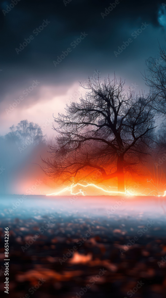 Naklejka premium Eerie Foggy Night in the Dark and Mysterious Forest with a Haunting Halloween Atmosphere Scary Trees, Spooky Lights, and a Chilling Creepy Scene Perfect for the Ultimate Nighttime Adventure