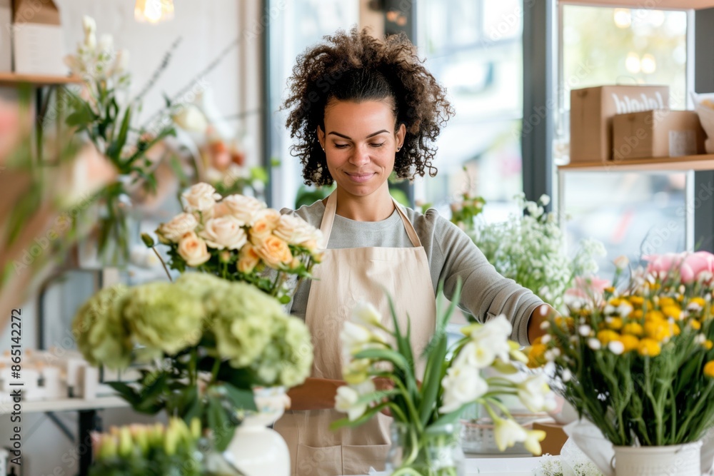 African American Florist Arranging Fresh Flowers in a Bright Flower Shop African American Florist Arranging Fresh Flowers in a Bright Flower Shop