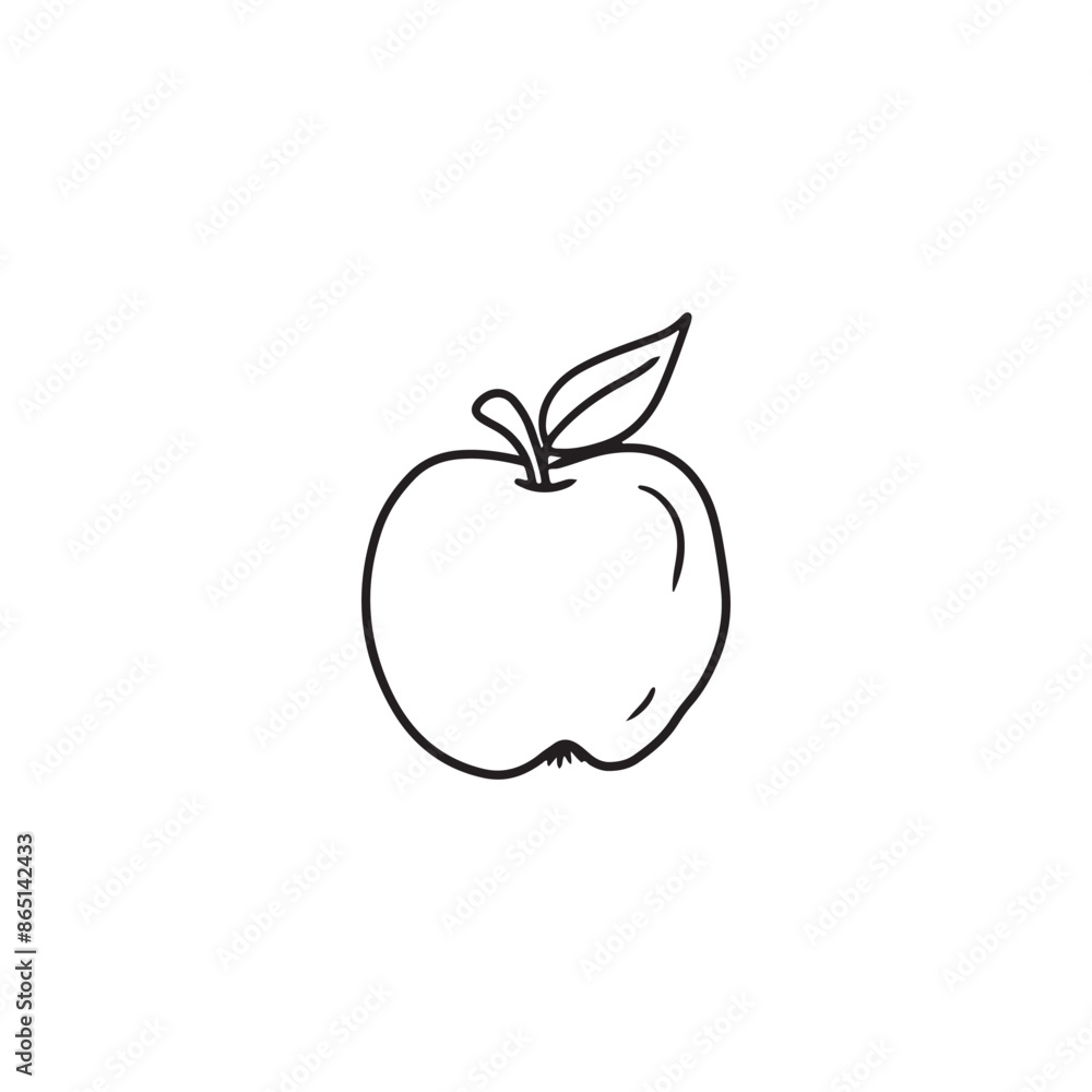 Tasty apple with leaf for children lunch at school in black isolated on white background. Hand drawn vector sketch illustration in doodle engraved vintage line art style. Coffee break Tasty apple with leaf for children lunch at school in black isolated on white background. Hand drawn vector sketch illustration in doodle engraved vintage line art style. Coffee break