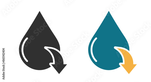 Water drop low level icon, moisture decrease arrow down sign vector graphic simple pictogram design set, drought symbol black white and blue color flat cartoon image clip art