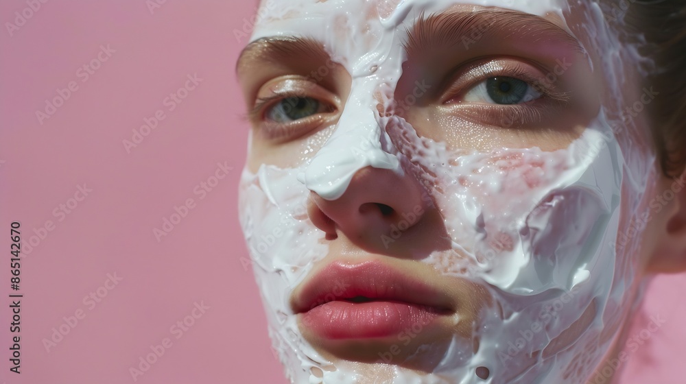 A young woman with a generous amount of cream on her face enhancing her skincare routine : Generative AI A young woman with a generous amount of cream on her face enhancing her skincare routine : Generative AI