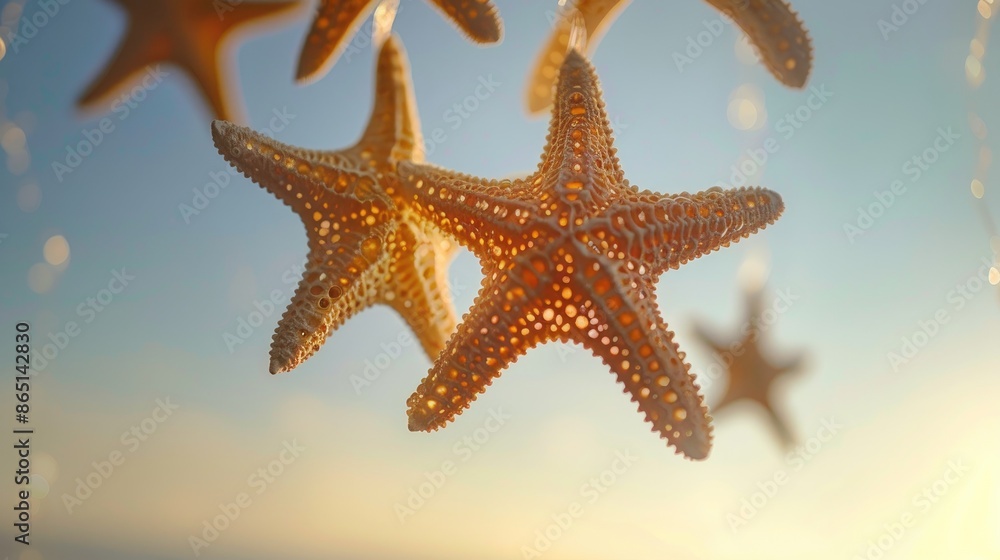 Starfish suspended in the air with unfocused sky in the background Decorative feature Starfish suspended in the air with unfocused sky in the background Decorative feature