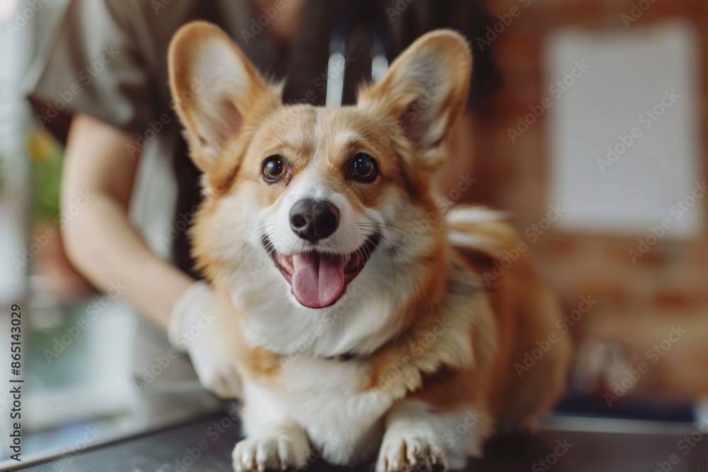 Smiling Pembroke Welsh Corgi Receiving Care at Veterinary Clinic Smiling Pembroke Welsh Corgi Receiving Care at Veterinary Clinic
