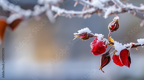 Frostcovered red rose hips on an icecovered branch : Generative AI photo