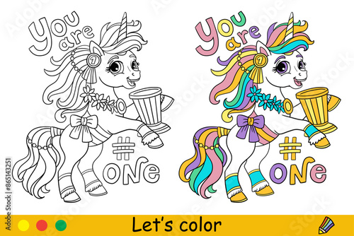 Kids coloring cute unicorn with goblet and lettering vector
