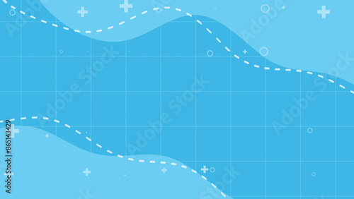 Bright light blue dynamic medical fluid abstract background. Geometric shapes crosses wavy liquid morphic. Minimal kids style Square notebook pattern. Back to school. Dental care banner. Dotted 
 line