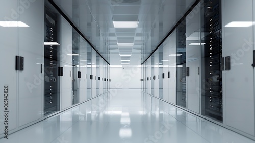 Inside Large Data Center Advanced Cloud Computing Concept Corridor with Server Racks and Cabinets full of Hard Drives : Generative AI