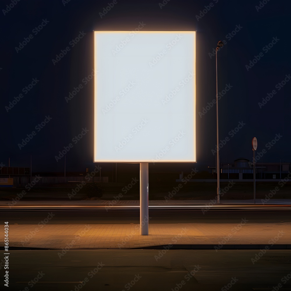 A glowing rectangular billboard stands alone on a quiet street at night, illuminated with a bright white light. A glowing rectangular billboard stands alone on a quiet street at night, illuminated with a bright white light.