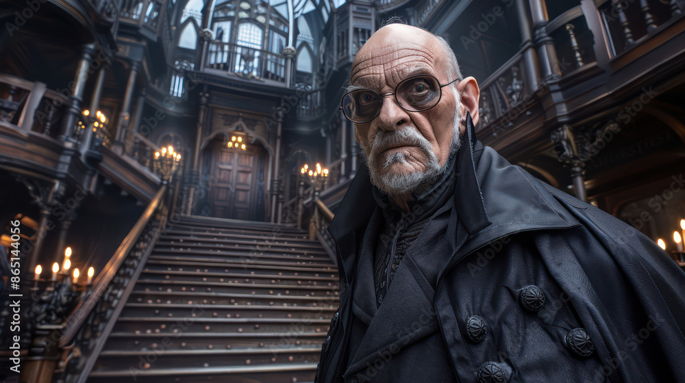 Naklejka premium Haunted House with a Spooky Butler Setting an Eerie but Fun Scene for a Thrilling Halloween Attraction The Ultimate Destination for Halloween Enthusiasts Seeking an Unforgettable Experience