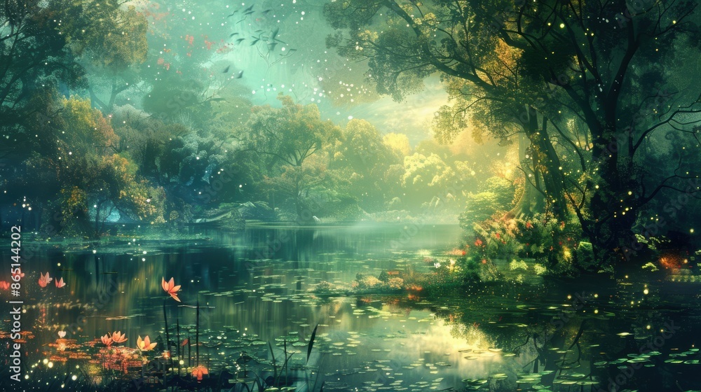 Dreamlike pixel forest garden with glowing pond and flying birds Dreamlike pixel forest garden with glowing pond and flying birds