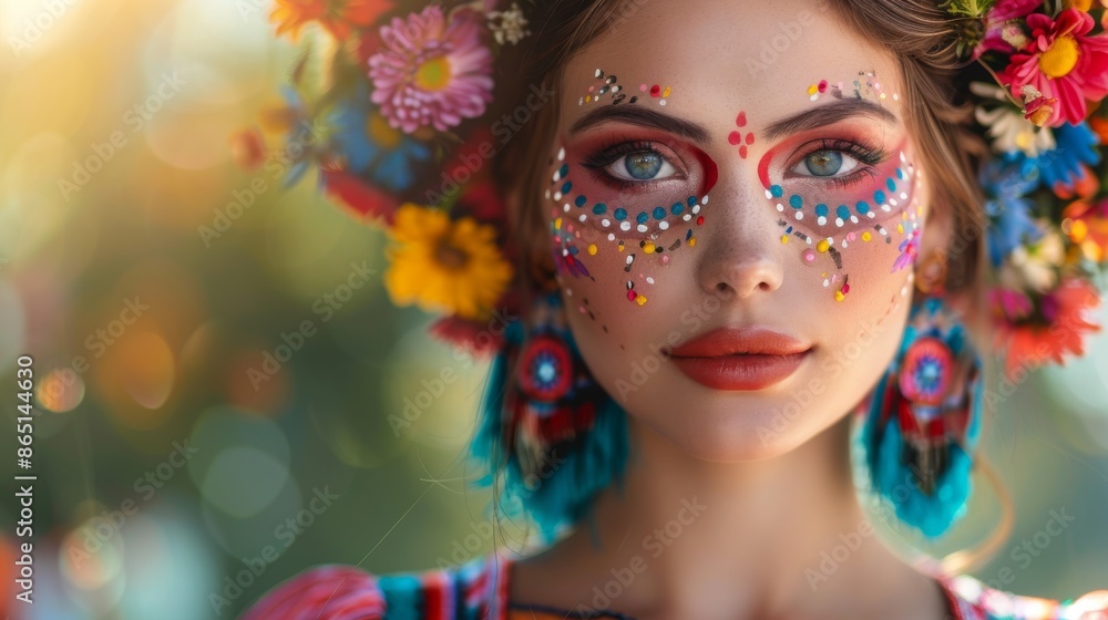 Dia De Los Muertos, La Catrina Makeup Portrait: A close-up of a woman with intricate Catrina makeup, adorned with vibrant flowers in her hair and traditional Mexican attire.
Dia De Los Muertos, La Catrina Makeup Portrait: A close-up of a woman with intricate Catrina makeup, adorned with vibrant flowers in her hair and traditional Mexican attire.