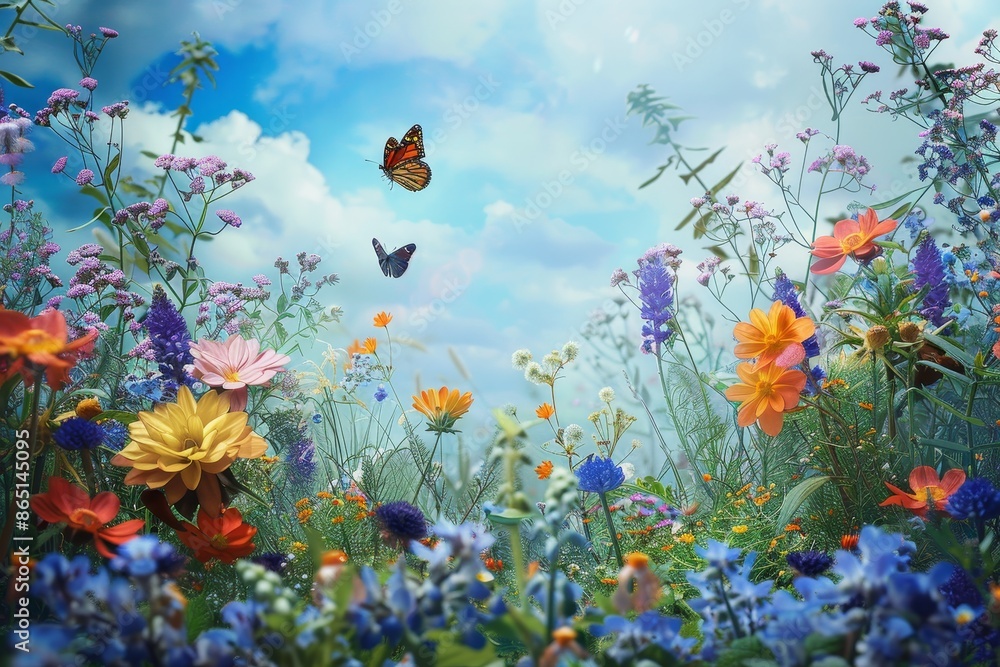 A painting featuring a butterfly gracefully flying over a vibrant field of blooming flowers, A whimsical garden with blooming flowers and fluttering butterflies A painting featuring a butterfly gracefully flying over a vibrant field of blooming flowers, A whimsical garden with blooming flowers and fluttering butterflies