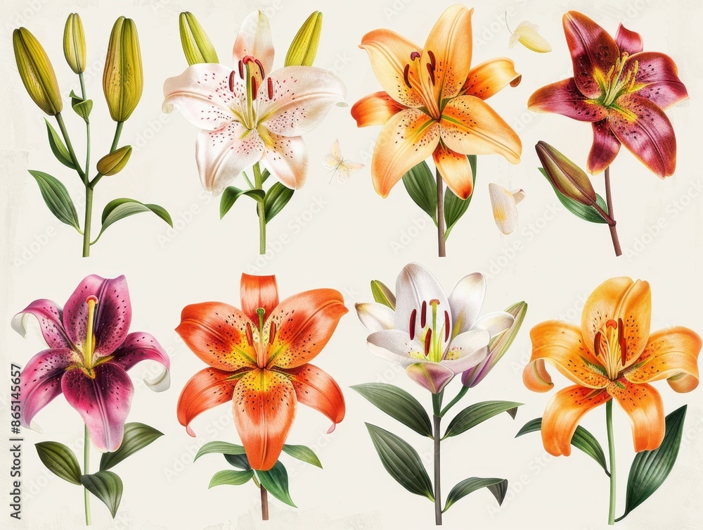 Fototapeta premium Beautiful blooming lilies with buds, isolated with intricate textures and rich hues