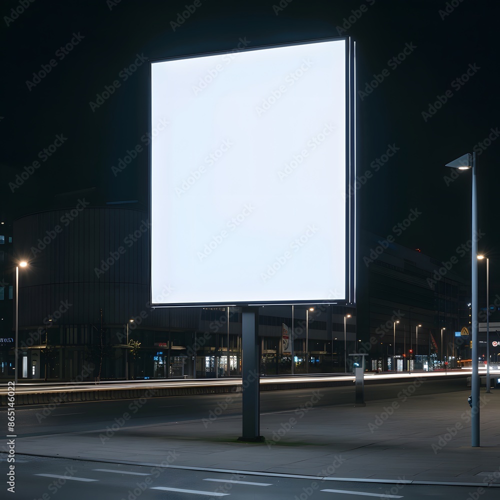 Blank billboard glowing at night on urban street, ideal for advertising and design mockups. City lights add a modern background. Blank billboard glowing at night on urban street, ideal for advertising and design mockups. City lights add a modern background.