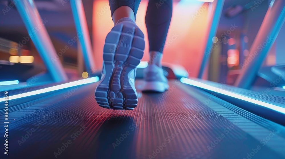 Fototapeta premium Dynamic Fitness Closeup of Runner's Sneakers in Action on Treadmill