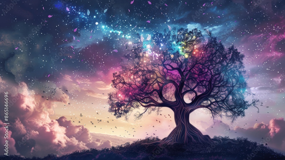 Illuminated tree of life under a starry night sky Illuminated tree of life under a starry night sky