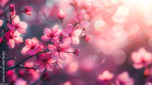 A close-up of beautiful pink cherry blossoms with a soft, dreamy bokeh background, capturing the essence of spring in full bloom. photo