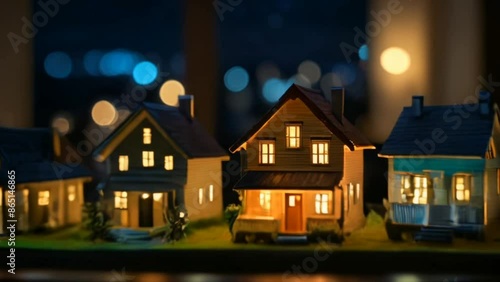 Miniature houses in row at night, model village with illuminated windows