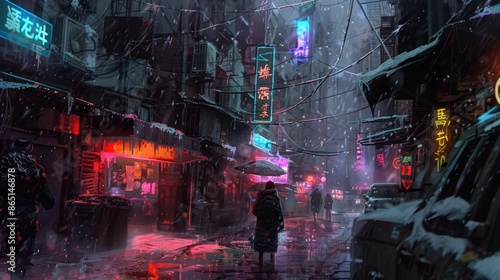 A lonely figure walks through a snow-covered cyberpunk city at night