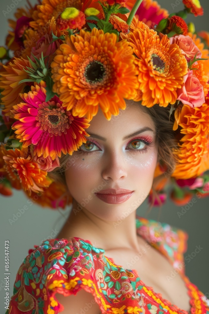 Naklejka premium La Catrina Makeup inspired Portrait: A close-up of a woman with intricate Catrina themed makeup.