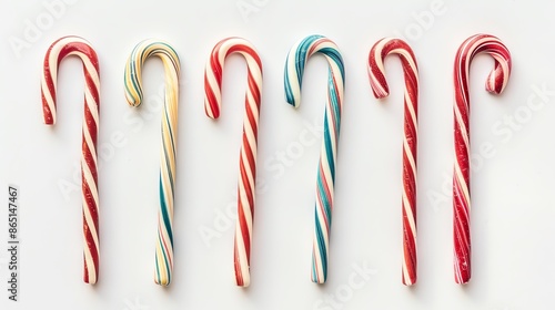A delightful array of candy canes in festive colors, neatly arranged on a white background, ideal for holidaythemed stock photos and marketing materials photo