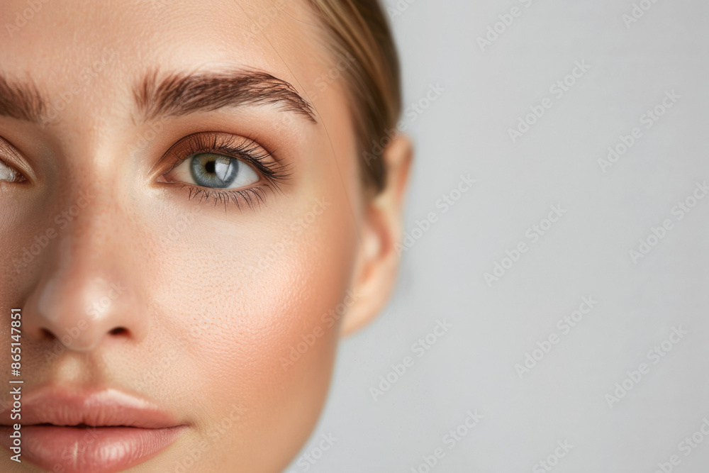 Close-up of a 30-year-old Caucasian woman with flawless skin and serene expression, showcasing beauty and skincare Close-up of a 30-year-old Caucasian woman with flawless skin and serene expression, showcasing beauty and skincare
