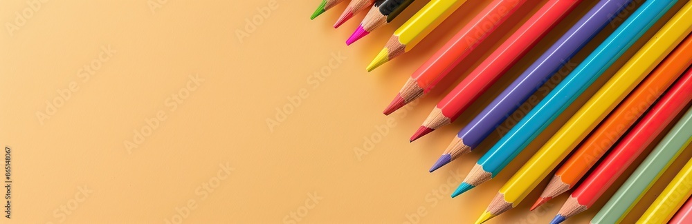Fototapeta premium Colorful pencils, school supplies on a trendy beige light background. Many Office Stationery Items flat lay. Back to school concept. College tools props accessories. Top view, copy space. Wide banner