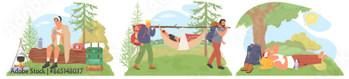 People traveler cartoon characters feeling sick, having problem with health need emergency help vector illustration. Accident and bad situation solution at outdoor camping on nature