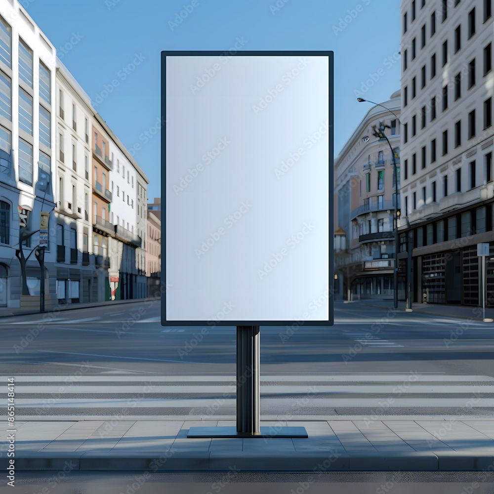 Blank billboard on empty city street, ready for advertisement. Urban environment with buildings and clear blue sky. Blank billboard on empty city street, ready for advertisement. Urban environment with buildings and clear blue sky.
