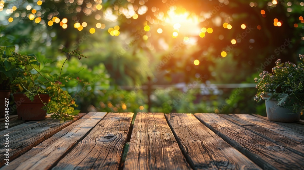 Wooden Table in a Garden Setting. Wooden Table in a Garden Setting.