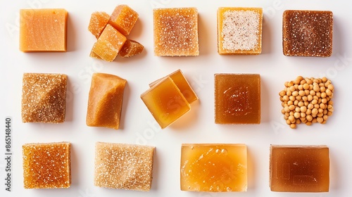 A variety of jaggery forms, including blocks and granules, arranged on a pristine white background, ideal for showcasing organic sweeteners in healthfocused promotions photo
