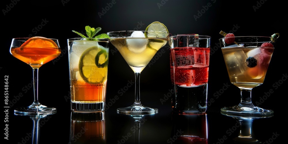 Glasses filled with ice and adorned with fresh fruit garnishes. Chilled, fruity drink concept Glasses filled with ice and adorned with fresh fruit garnishes. Chilled, fruity drink concept