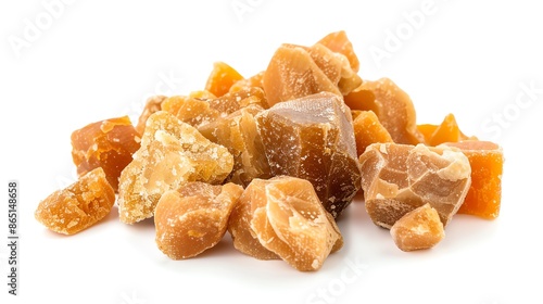 Assorted jaggery pieces in different shapes and sizes, displayed on an isolated white background, ideal for showcasing traditional sweeteners in promotional content