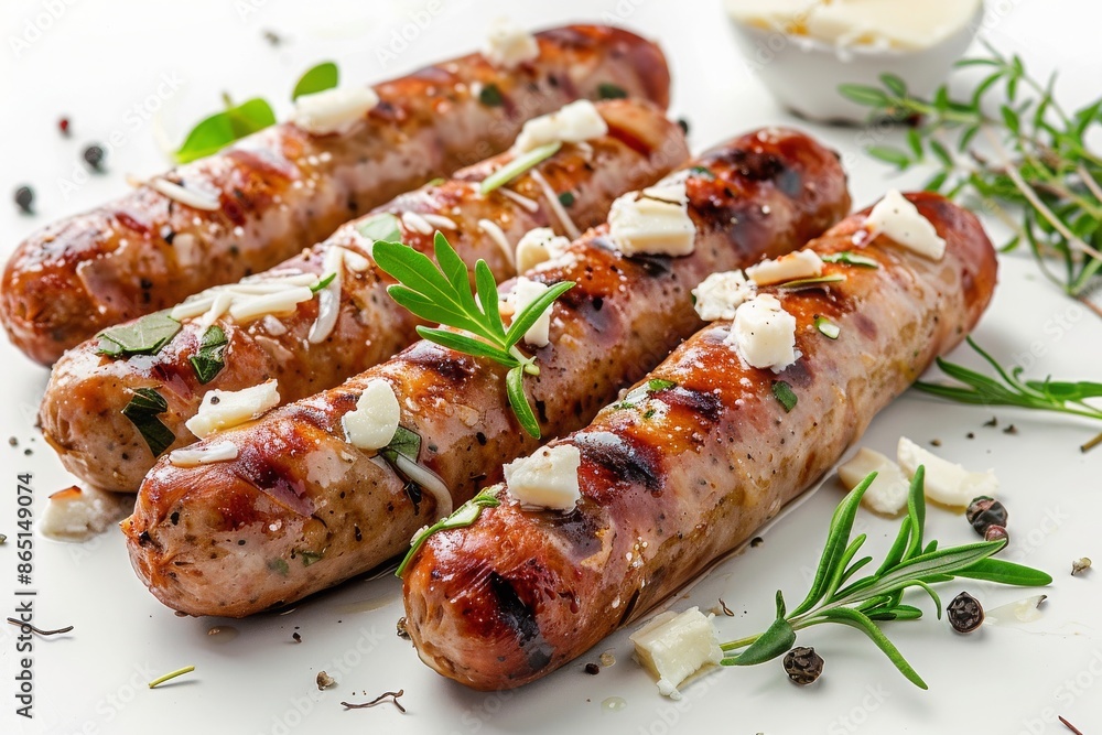 Baked Sausages with Mozzarella cheese, white background Baked Sausages with Mozzarella cheese, white background