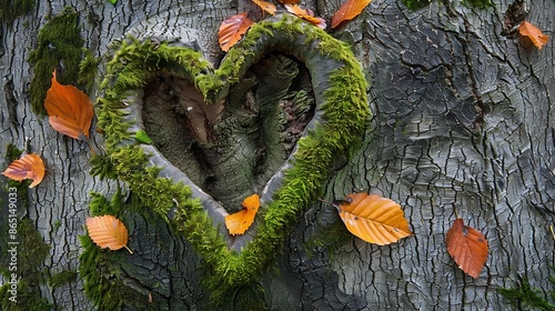 Heart shaped structure in the bark of a beech tree Fagus with green moss and autumn leaves in Iserlohn Sauerland Germany as symbol and proof for everlasting and romantic love on Valent : Generative AI