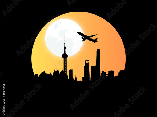 Graphic design of city and airplane silhouettes 